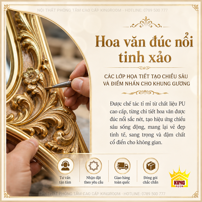 Chi tiết hoa văn nổi trên gương đẹp phòng khách khung vàng