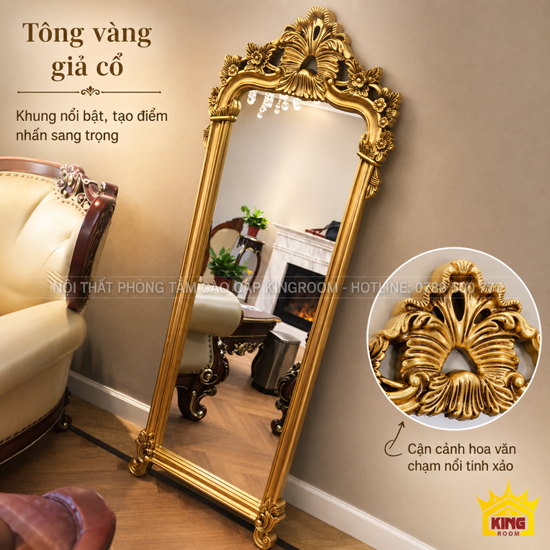 Chi tiết hoa văn khung vàng gương toàn thân cổ điển V175