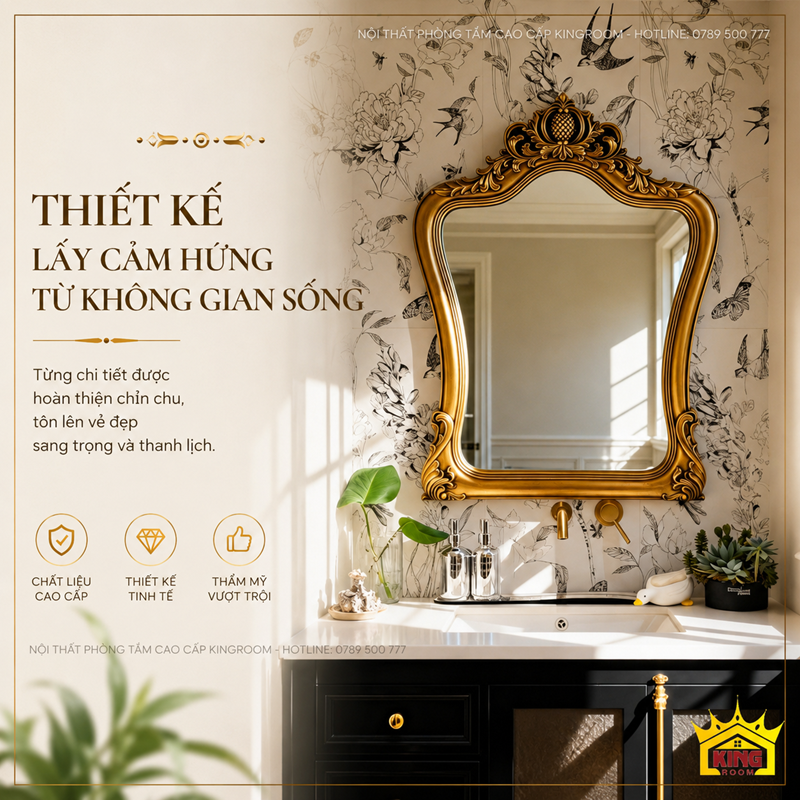 Gương cổ điển 834A khung vàng phối cùng tủ lavabo phòng tắm