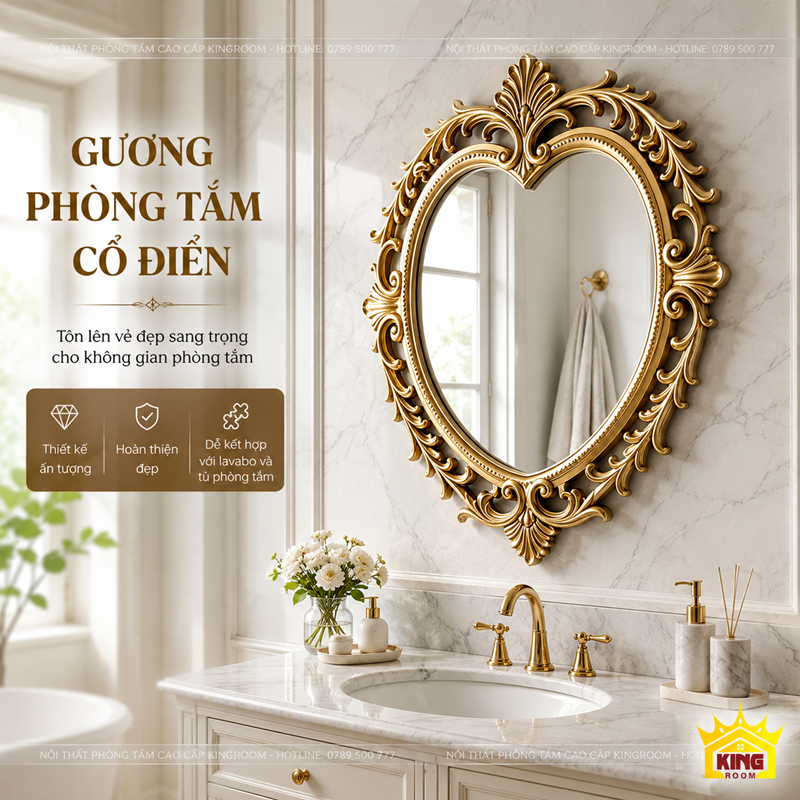 Gương Aurora dáng trái tim khung vàng phối cùng lavabo phòng tắm