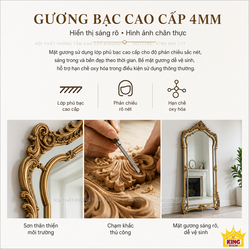 Gương bạc 4mm của gương cổ điển toàn thân GCT03 khung vàng