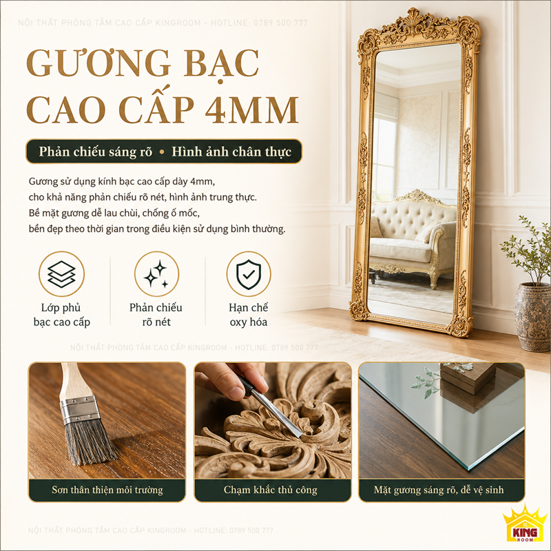Gương bạc 4mm sáng rõ của gương cổ điển toàn thân GCT04
