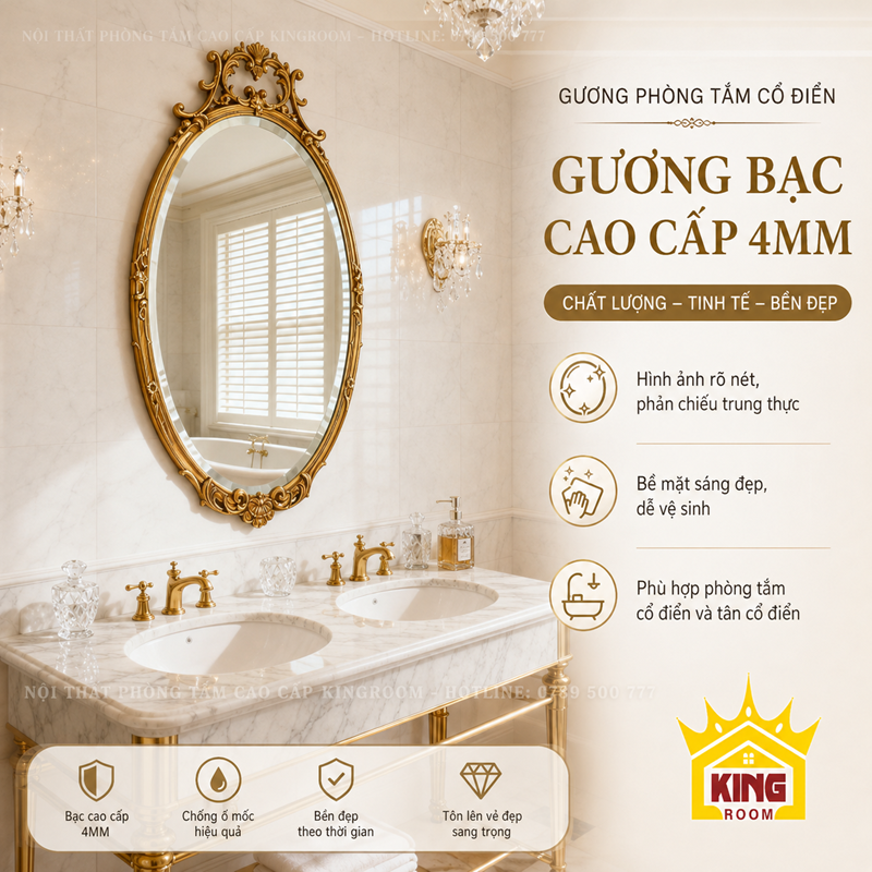 Gương bạc 4mm Oval Verona khung vàng cổ điển