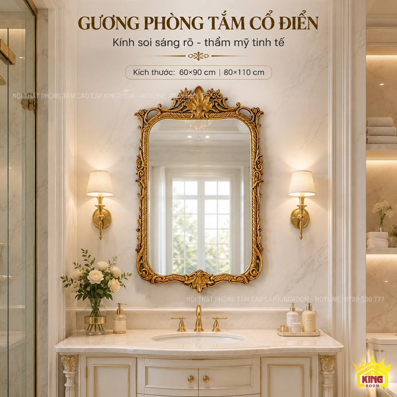 Gương Chữ Nhật Bo Góc Khung Vàng GCN01 trong phòng tắm cổ điển