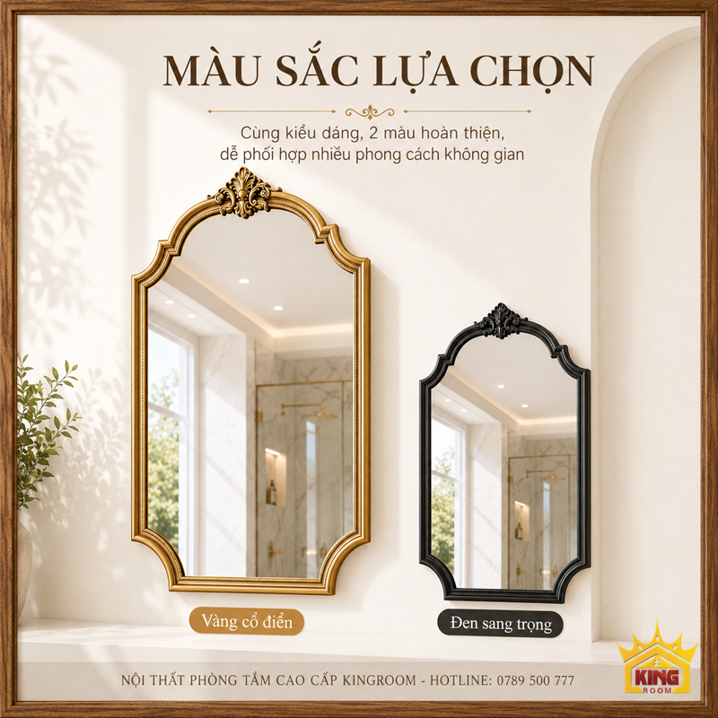 Gương phòng tắm cổ điển hai màu vàng cổ điển và đen sang trọng