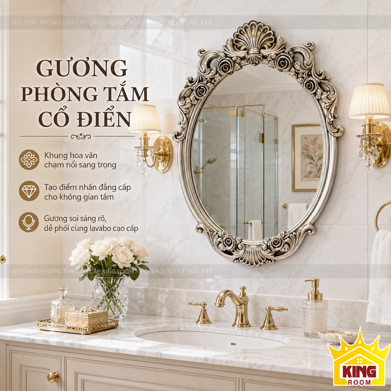 Gương cổ điển Florence trang trí khu vực lavabo mặt đá sáng