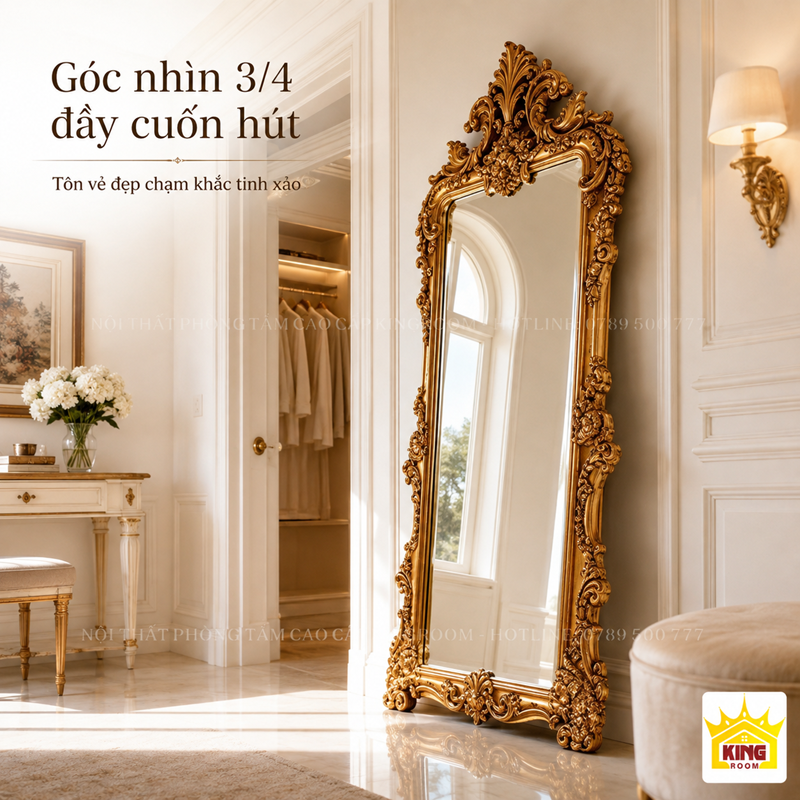 Góc nghiêng gương cổ điển GCT08 khung vàng hoa văn chạm khắc