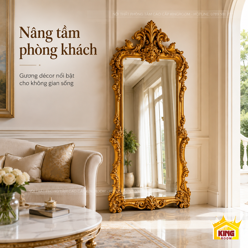 Gương cổ điển khung vàng hoa văn GCT08 trang trí phòng khách