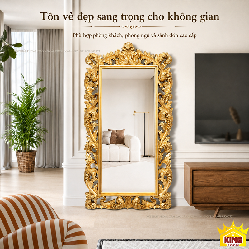 Gương cổ điển khung vàng chạm hoa GCT06 trang trí phòng khách