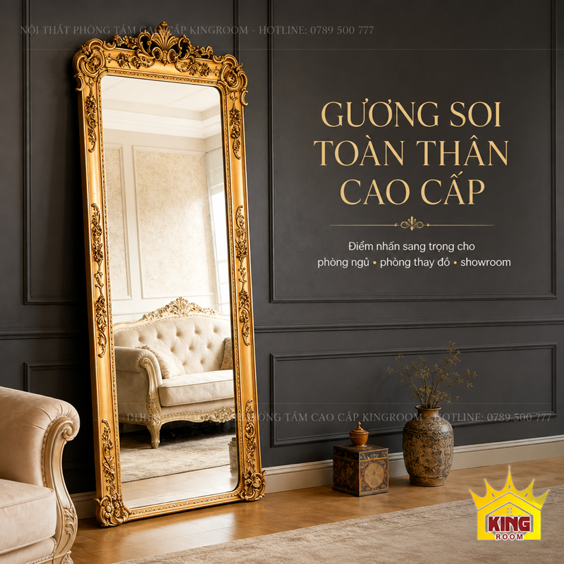 Gương cổ điển toàn thân khung vàng GCT04 trên mảng tường tối