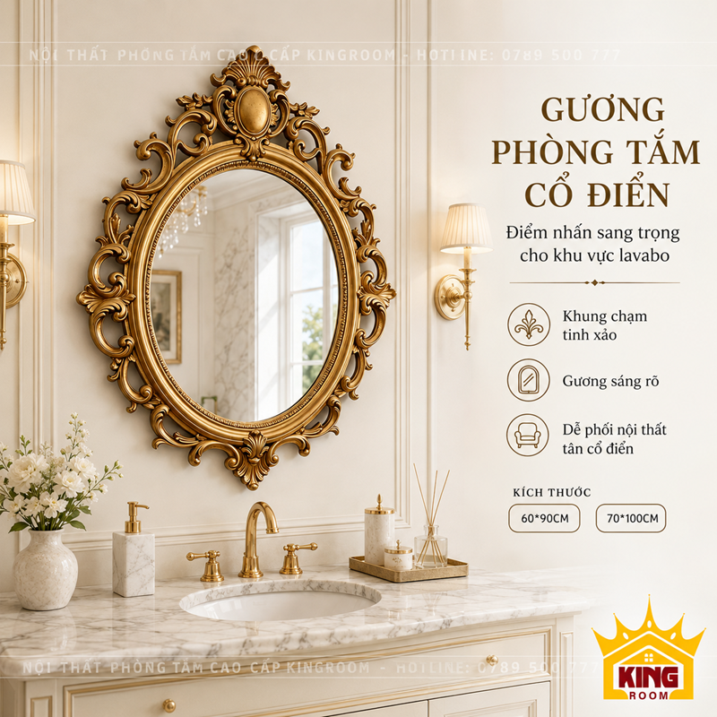 Gương cổ điển khung vàng họa tiết hoàng gia lắp trên lavabo phòng tắm