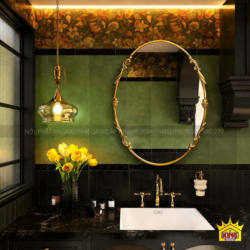 Gương cổ điển khung vàng trong phòng tắm tông xanh rêu