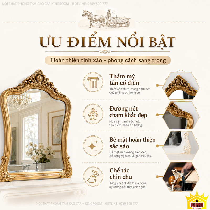 Gương cổ điển phòng tắm 834A khung vàng họa tiết tân cổ điển
