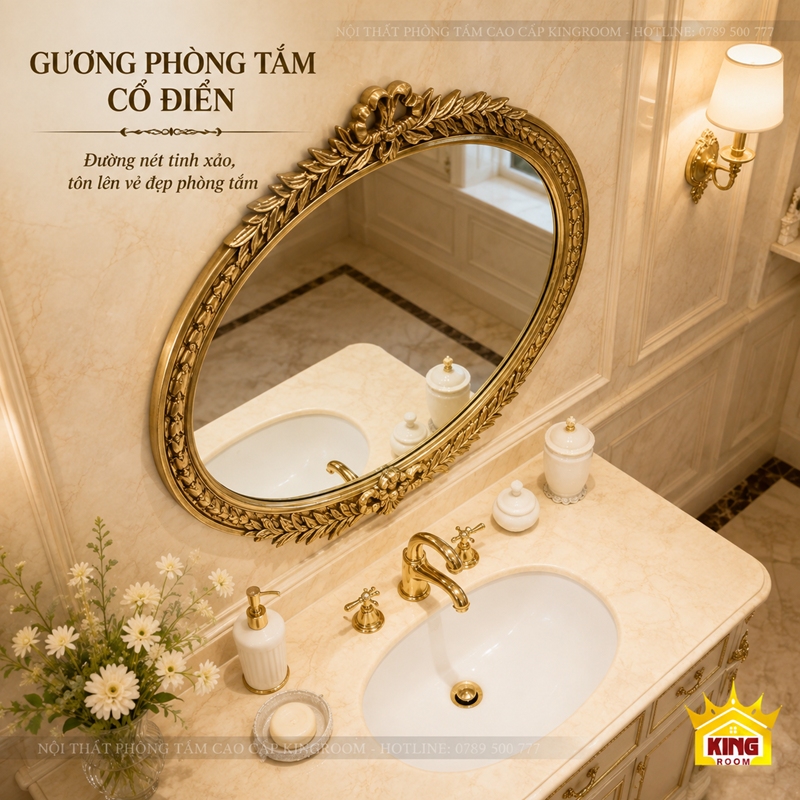 Gương Cổ Điển Phòng Tắm Oval Ngang GON01 phối cùng vòi lavabo mạ vàng