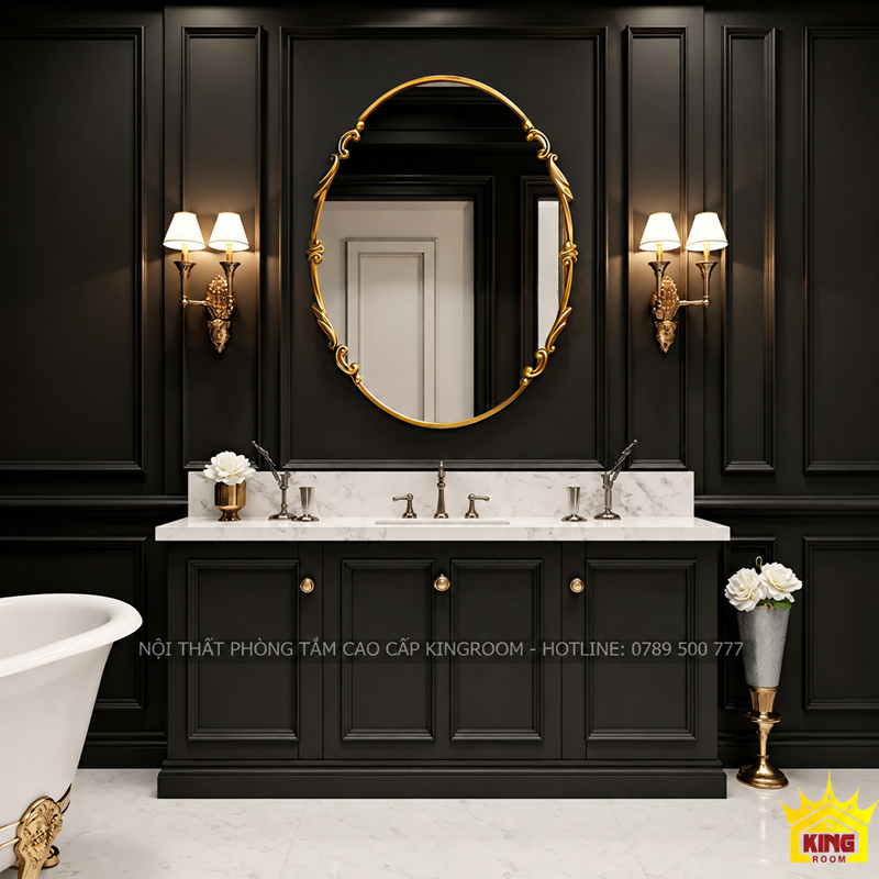 Gương cổ điển phòng tắm khung vàng 58x78cm dáng oval