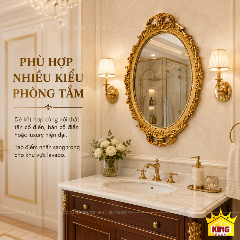 Gương cổ điển phòng tắm oval khung vàng hoa văn hoàng gia sang trọng