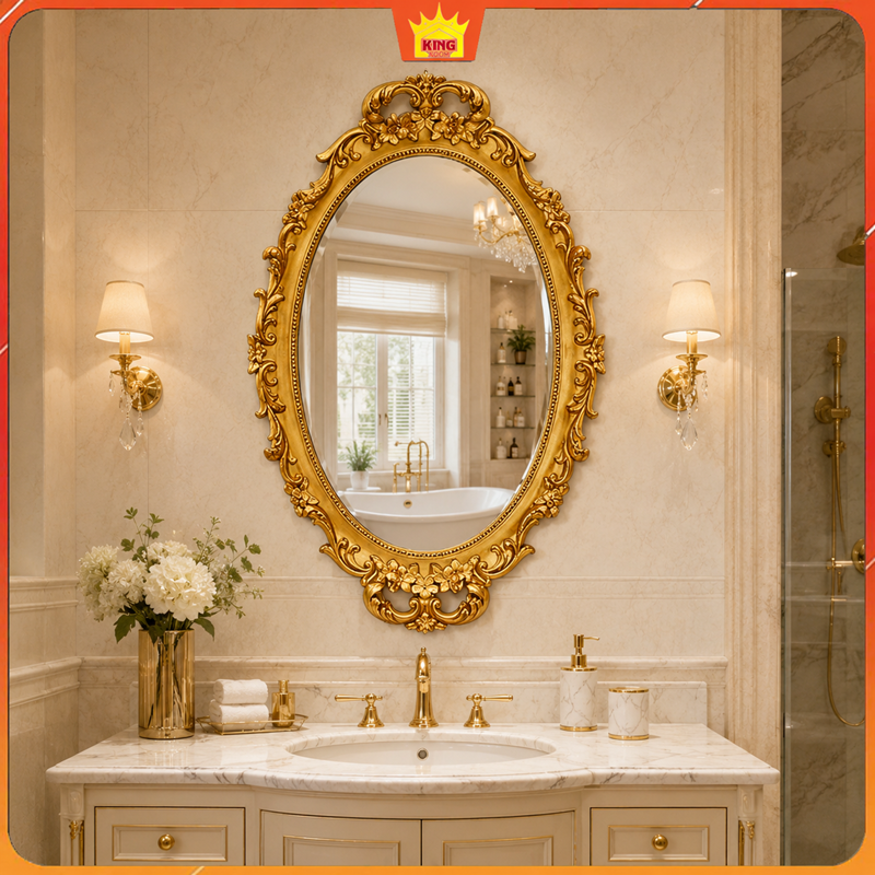 Gương cổ điển phòng tắm oval khung vàng hoa văn hoàng gia sang trọng