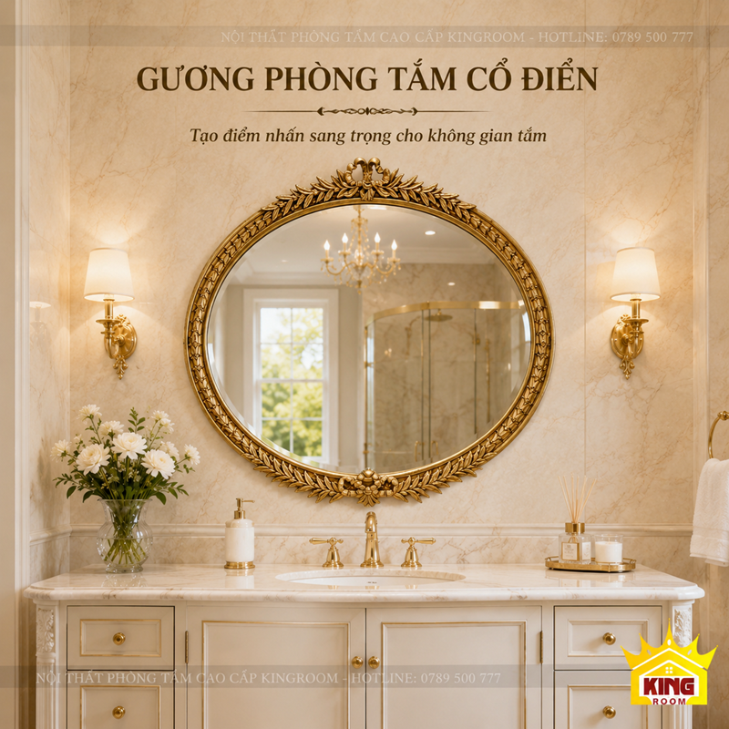Gương Cổ Điển Phòng Tắm Oval Ngang GON01 cho khu vực lavabo cao cấp