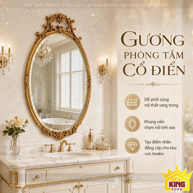 Gương cổ điển phòng tắm Oval Verona khung vàng sang trọng