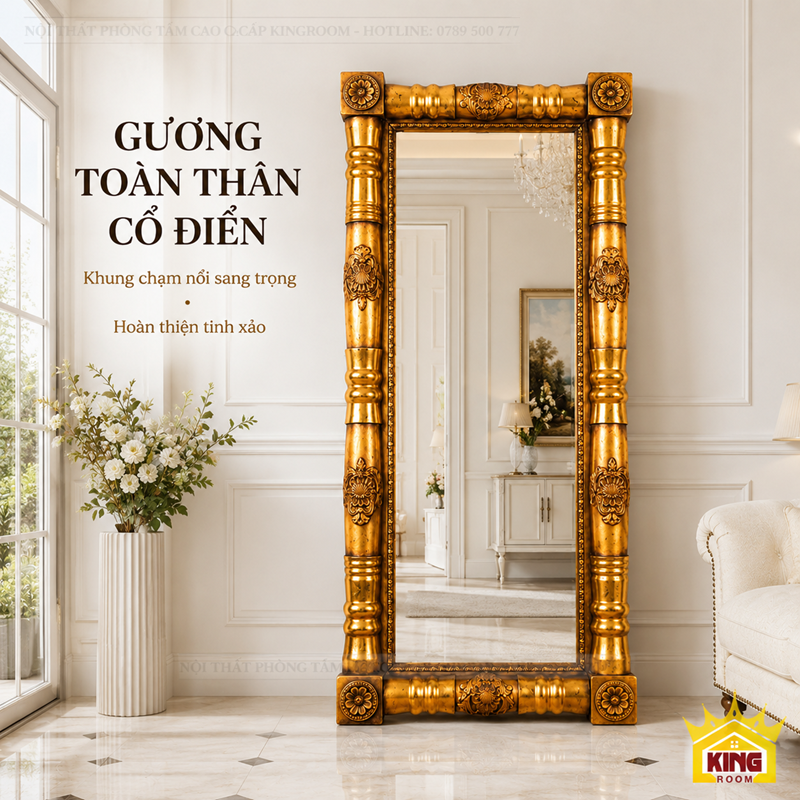 Gương cổ điển phù điêu GCT05 khung vàng trong không gian tân cổ điển
