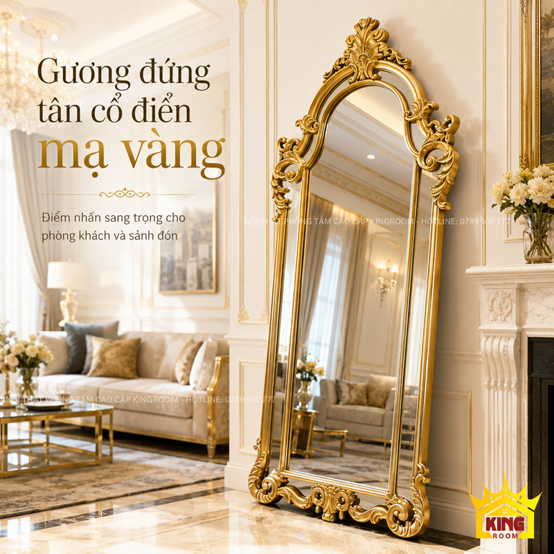 Gương cổ điển toàn thân dáng vòm GCT07 khung vàng thanh lịch