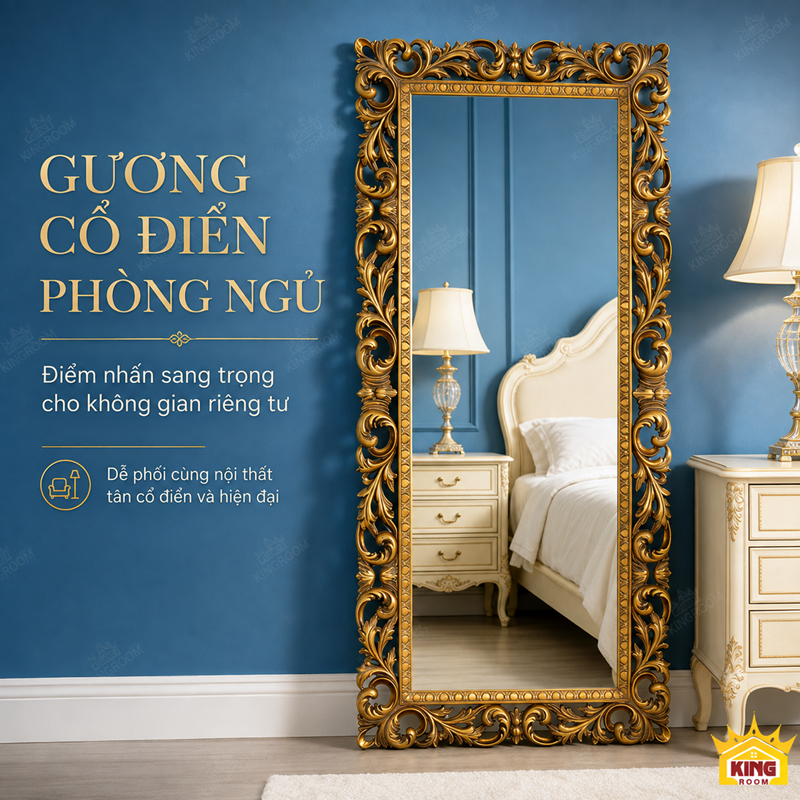Gương cổ điển toàn thân GTT01 khung vàng đặt trong phòng ngủ