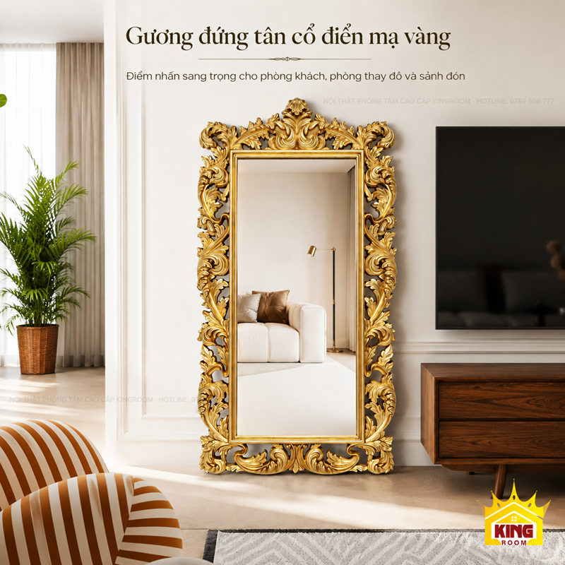 Gương cổ điển toàn thân khung vàng chạm hoa GCT06 sang trọng
