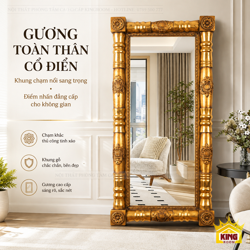Gương cổ điển toàn thân khung vàng phù điêu GCT05 sang trọng