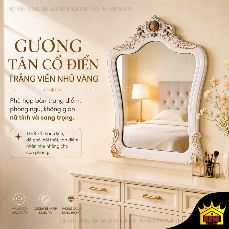 Gương cổ điển 834A màu trắng viền nhũ vàng