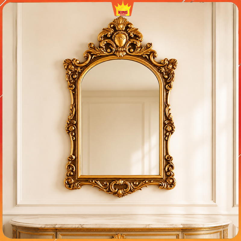 Gương đẹp khung vàng hoa văn 60x90-80x110 chụp chính diện nổi bật đường nét cổ điển