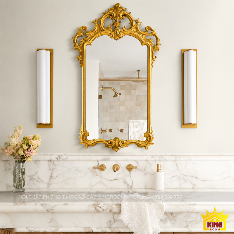 Gương đẹp hoa văn vàng trang trí khu vực lavabo cao cấp