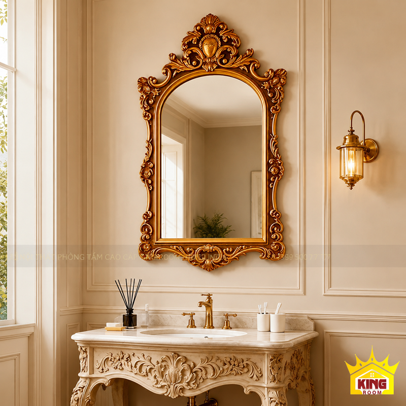Gương đẹp khung vàng phối cùng tủ lavabo tân cổ điển