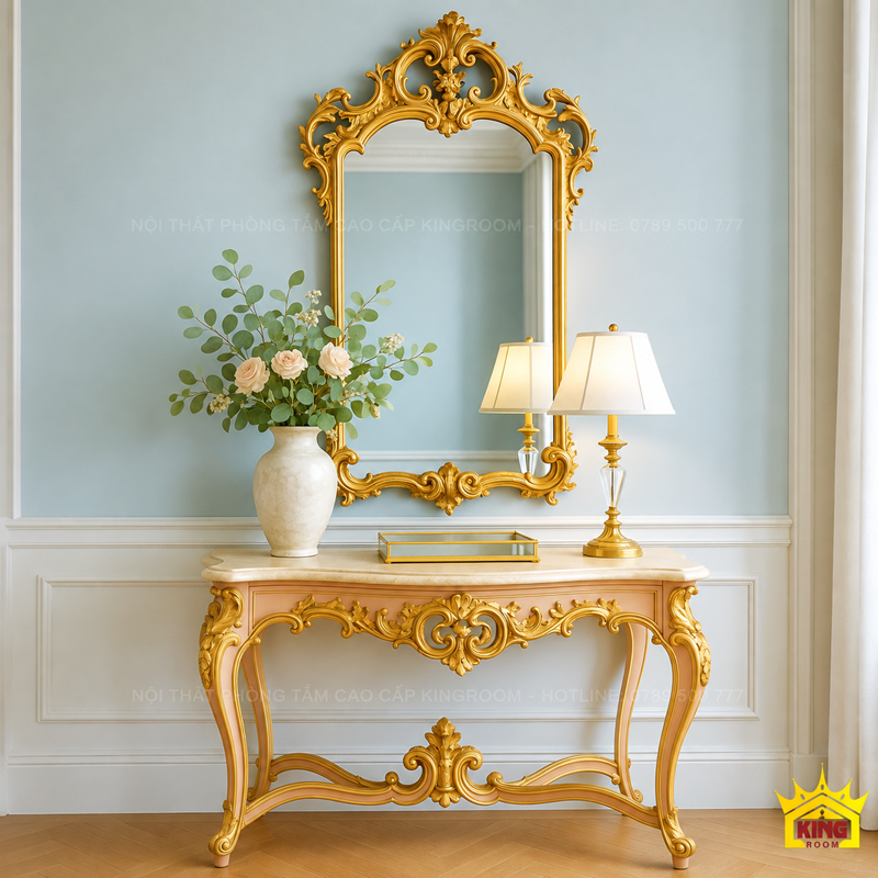 Gương đẹp phòng khách hoa văn cổ điển trang trí trên bàn console