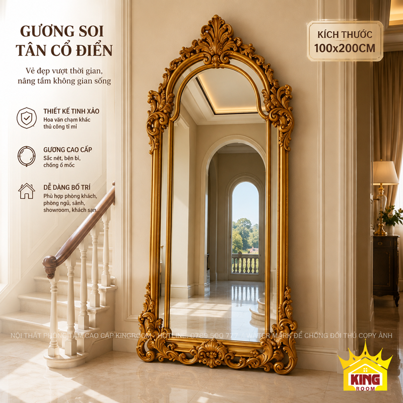 Gương đứng tân cổ điển GCT09 khung vàng trang trí sảnh cầu thang