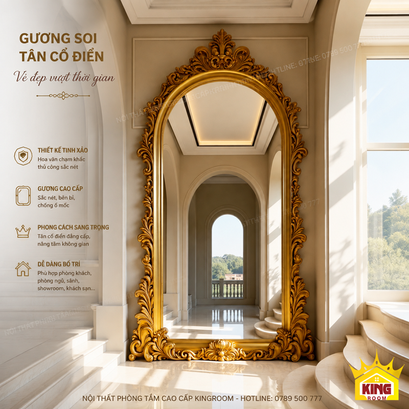 Gương đứng tân cổ điển khung vàng GCT09 kích thước 100x200cm