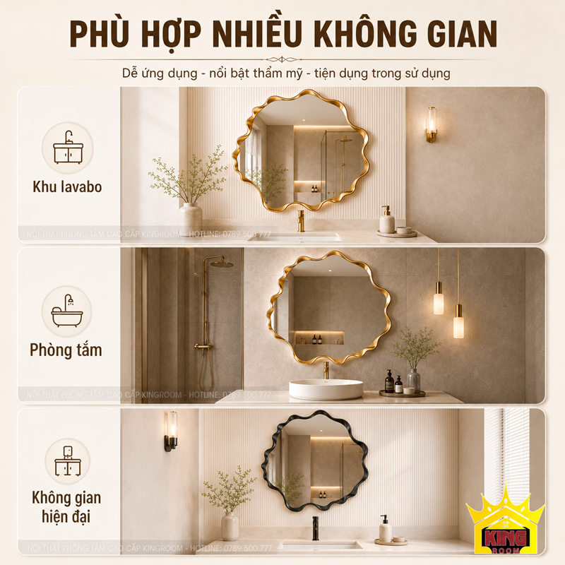 Gương phòng tắm gợn sóng hỗ trợ nhiều kích thước lựa chọn
