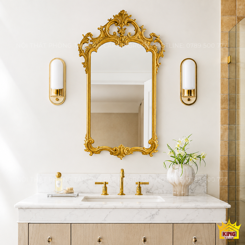 Gương hoa văn cổ điển tông vàng lắp phía trên tủ lavabo