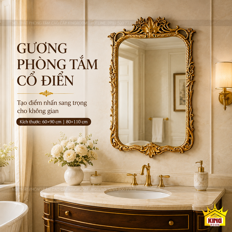 Gương khung vàng GCN01 phối cùng vòi lavabo mạ vàng