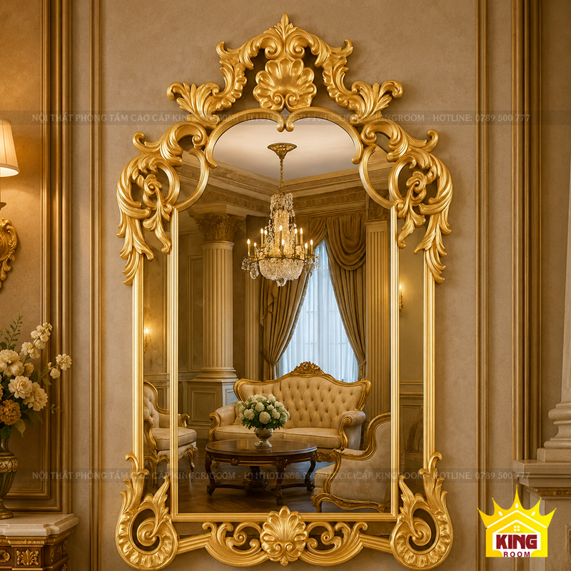 Gương khung vàng hoa lá phối khu vực lavabo cổ điển