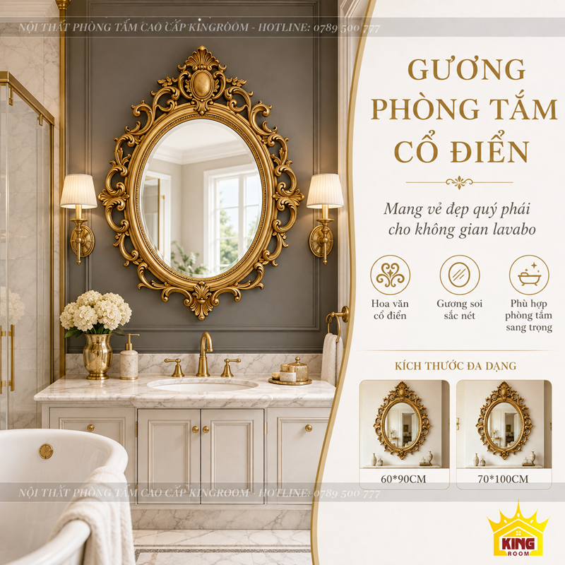 Gương khung vàng họa tiết hoàng gia cho phòng tắm biệt thự và khách sạn