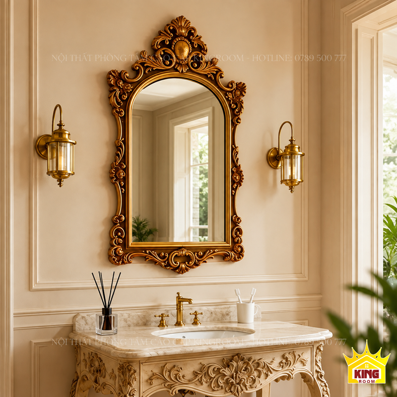 Gương khung vàng hoa văn trang trí khu vực lavabo