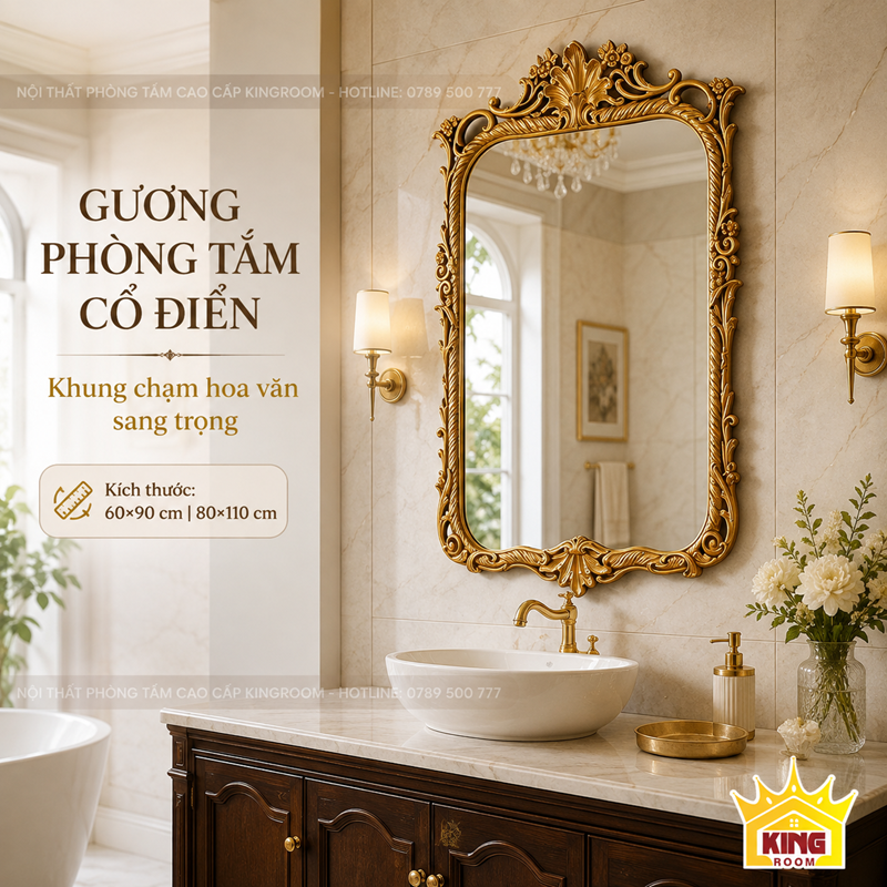 Gương lavabo chữ nhật bo góc khung vàng GCN01 phối tủ phòng tắm cao cấp