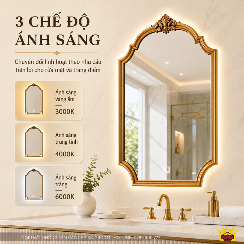 Gương phòng tắm LED 3 chế độ ánh sáng 3000K 4000K 6000K