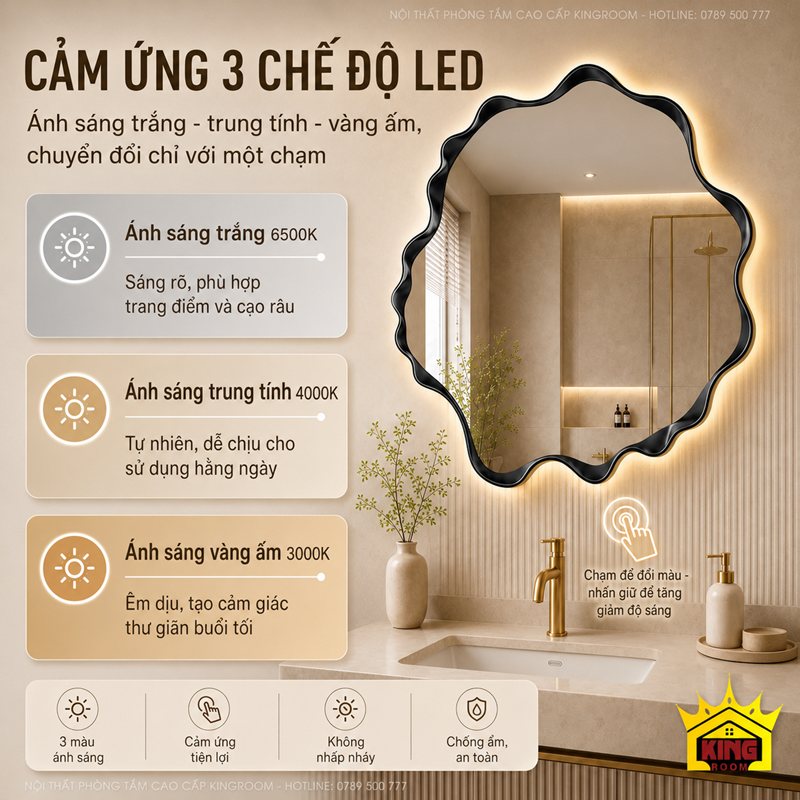 Gương LED cảm ứng 3 màu ánh sáng 3000K 4000K 6500K