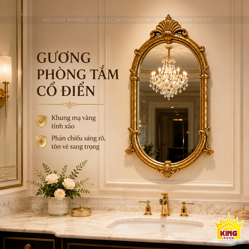 Gương Milano khung vàng phối cùng lavabo đơn mặt đá