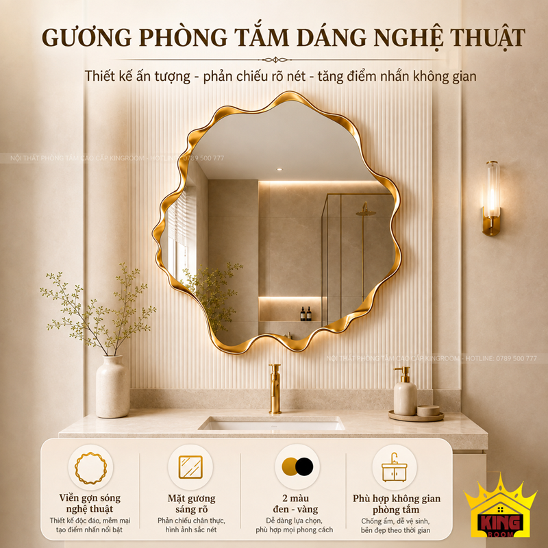 Gương phòng tắm dáng nghệ thuật với viền gợn sóng màu vàng