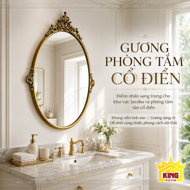Gương Oval Cổ Điển Khung Vàng GOC01 cho phòng tắm cao cấp