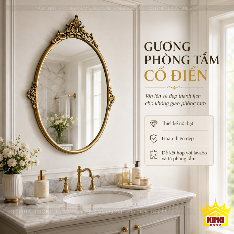 Gương oval cổ điển khung vàng GOC01 phối cùng tủ lavabo trắng