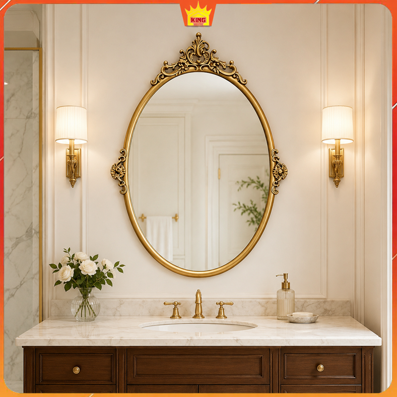 Gương Oval Cổ Điển Khung Vàng GOC01 lắp trên lavabo phòng tắm sang trọng