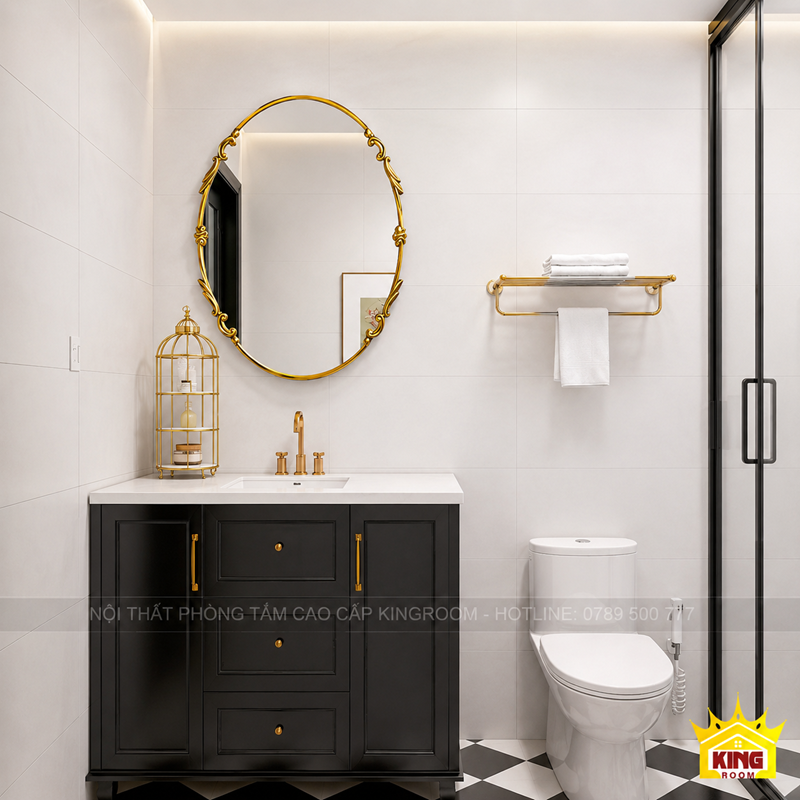 Gương oval cổ điển khung vàng phối cùng tủ lavabo màu đen